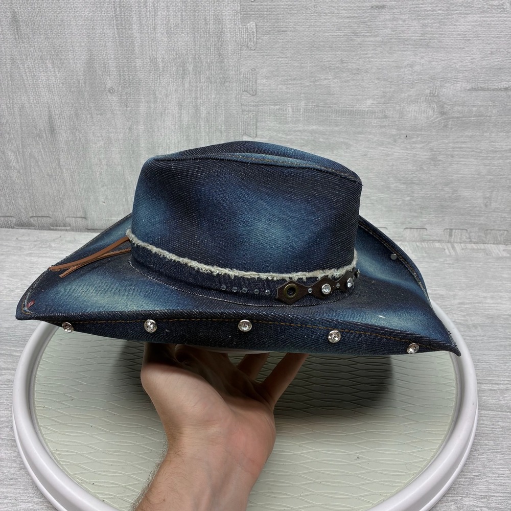 Bullhide Cowboy Hat Women's Medium Blue Denim Rhinestone Studded Western Cowgirl - Picture 2 of 5
